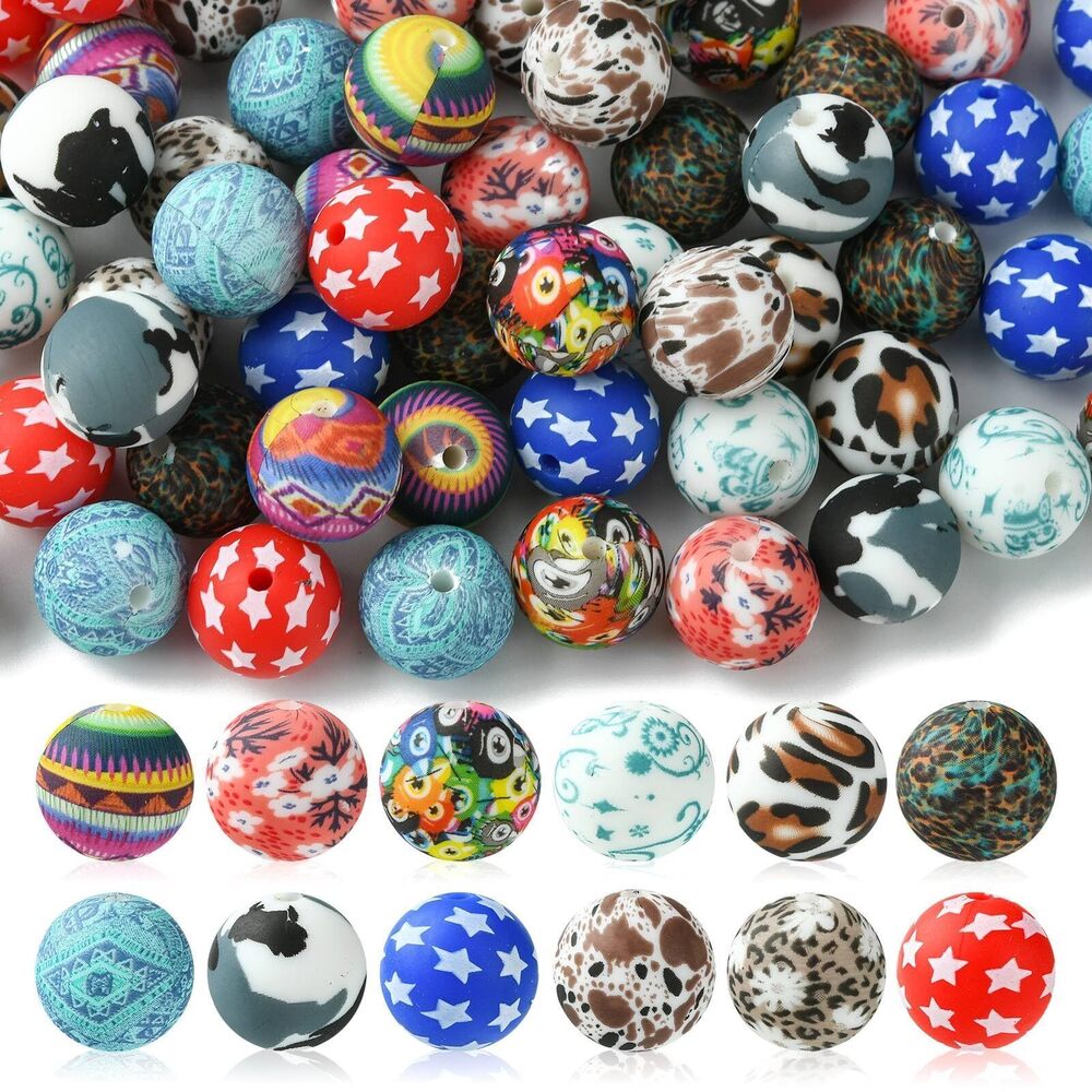 1125 60 Pcs 12 Colors 15 mm Printed Silicone Beads Round Focal Beads